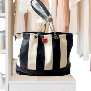 Betsey Johnson Black/White Striped Tote Bag with Chain Handles